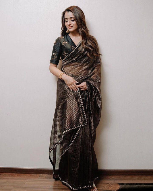 Antique Bronze Mirror Lace Striped Designer Saree